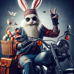 A character that combines the iconic Easter Bunny with a rebellious biker. The bunny, adorned in a plaid shirt and denim, rides a classic motorcycle, his basket of colorful Easter eggs 