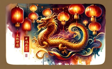 Illustration of a lunar new year celebration for the year of the dragon.