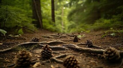 Obraz premium Forest path close-up with cones and roots