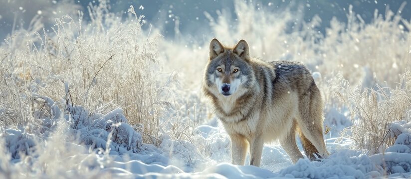 A female gray wolf gracefully moves through the glistening snow during winter, her fur blending seamlessly with the icy landscape, as she searches for prey to survive the harsh season.
