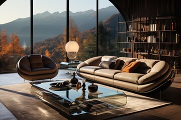 Sophisticated room with design furniture, elegant works and exclusive lighting., generative IA