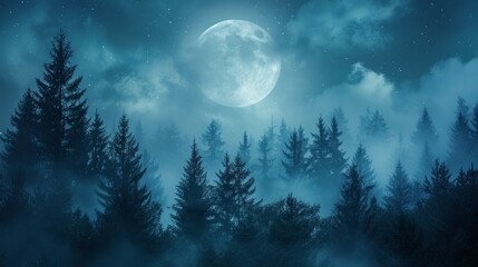 Full moon over the spruce trees of magic mystery night forest