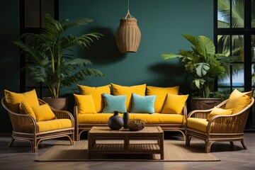 Vibrant tropical room with wicker furniture and lush foliage., generative IA - obrazy, fototapety, plakaty