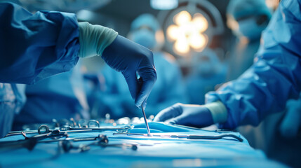 surgical scene with a focus on a surgeon's gloved hands selecting a surgical instrument from a sterile table
