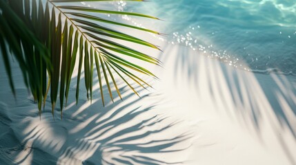 Fototapeta na wymiar palm leaf shadow on abstract white sand beach background