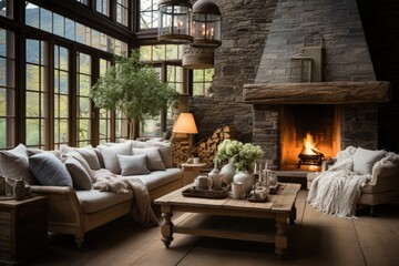 Cozy country room, natural furniture, stone fireplace. Country details., generative IA