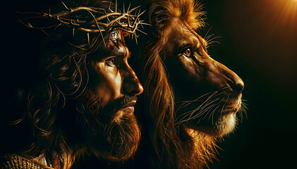 Jesus stands on the left side with a crown of thorns on his head and blood on his face. He looks at a lion on the right side of the image