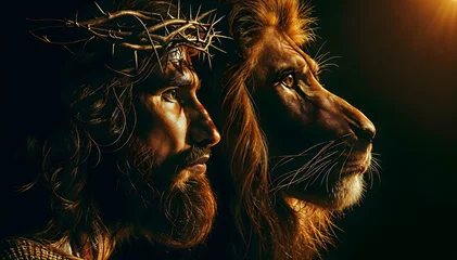Gordijnen Jesus stands on the left side with a crown of thorns on his head and blood on his face. He looks at a lion on the right side of the image © Djalma