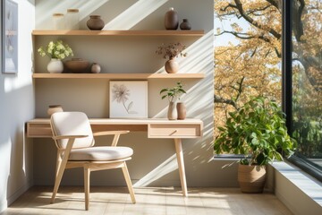 Scandinavo office minimalist design, light wood and soft tones., generative IA