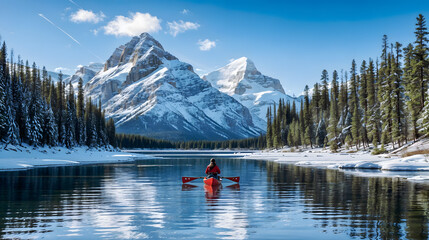 A person paddling a canoe on a lake surrounded by snow-covered pine trees and mountains. - obrazy, fototapety, plakaty