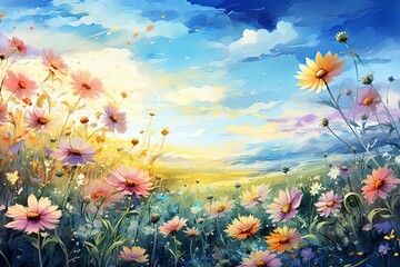 Fototapeta na wymiar Watercolor cosmos meadow flowers field with sky background, summer spring flower art illustration