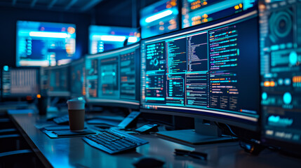 high-tech workstation with multiple computer monitors displaying graphs and analytical data