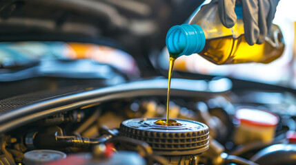 close-up of a fresh engine oil being poured into the motor of a vehicle
