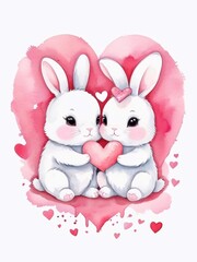 Beautiful Happy Valentine's Day holiday watercolor art, greeting card design with two cute kawaii cartoon bunnies in love with hearts backgroung. Bunny couple in love with valentines hearts design