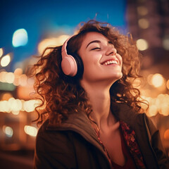 Happy girl listens to music on headphones on the evening city background
