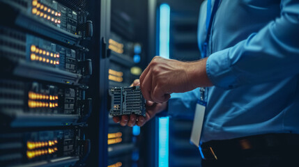 close-up of a person's hands working on a server or network equipment in a data center with blue lighting