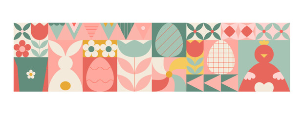 Fototapeta na wymiar Abstract easter geometric banner, wall art. Cute happy easter vector poster with bright bunny, egg, spring tulip.