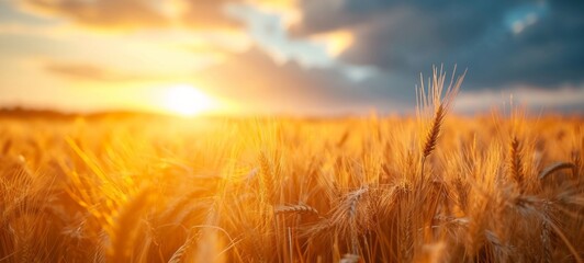 Close-up of golden wheat ears. Harvest concept. Endless wheat field on late summertime, backlight by the warm setting sun. Creative background, shallow depth of the field.