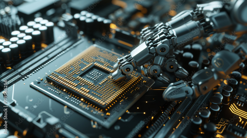 Poster robotic arm is seen installing a processor onto a motherboard