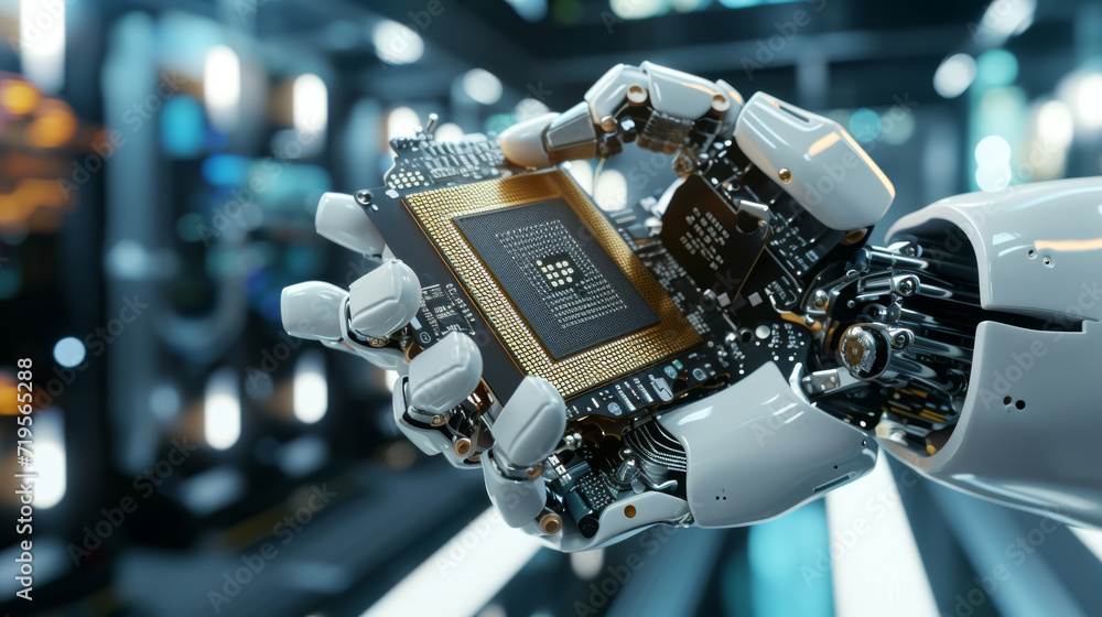 Poster robotic arm is seen installing a processor onto a motherboard