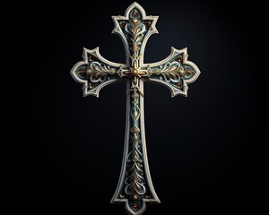 isolated Christian white cross, black background, glowing, flat illustration style ,close up, good Friday