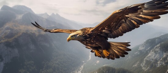 From below predatory golden eagle flying over majestic mountainous valley near clouds with spread wings - obrazy, fototapety, plakaty