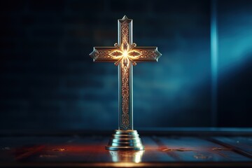 isolated Christian white cross, blue background, glowing, flat illustration style ,close up, good...