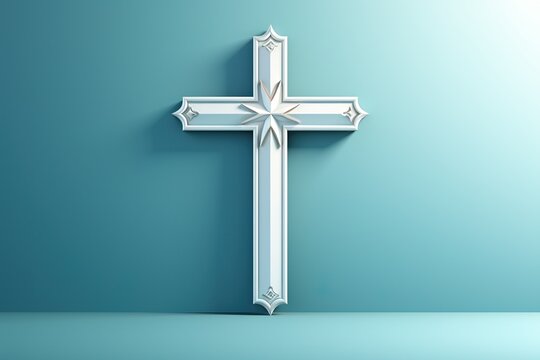 isolated Christian white cross, blue background, glowing, flat illustration style ,close up, good Friday