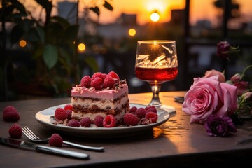 Raspberry cake on a sun -plated terrace, surrounded by scented flowers., generative IA