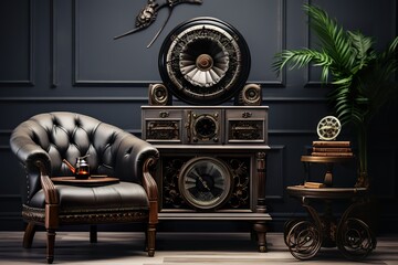 Isolated in white background, center aligned, A gramophone on wooden cabinet and black chair in...