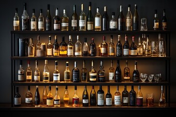 Minimalist cellar aligned bottles, simple shelves, neutral palette., generative IA