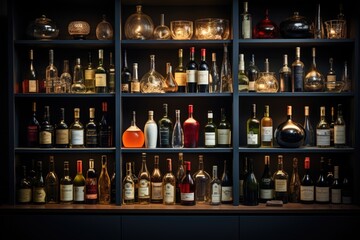 Minimalist cellar aligned bottles, simple shelves, neutral palette., generative IA