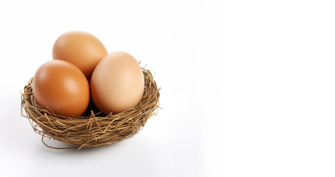 three chicken eggs in a nest on a white background