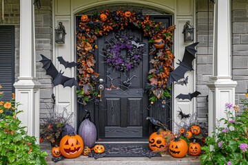 Obraz premium A Halloween themed wreath on a front door with bats, spiders, and pumpkins Autumn wreath decorating front door