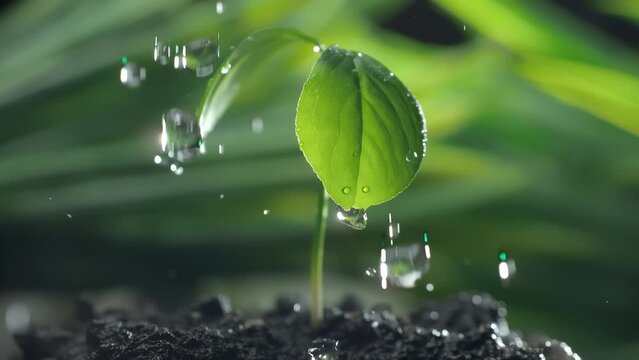 Green sprouts in the rain in slow motion. Green leaf plant in macro on a dark abstract background. Nature save and esg concept. Environment care