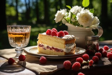 Lemon and raspberry cake in a picnic under shaded trees on a sunny day., generative IA