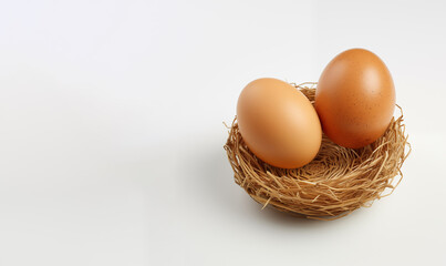 two chicken eggs in a nest on a white background