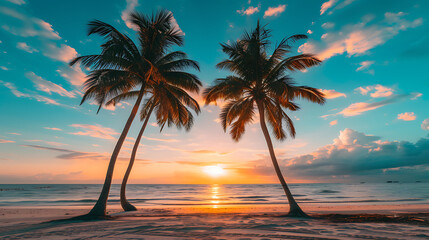 cinematic paysage photography of palms on the beach during sunset