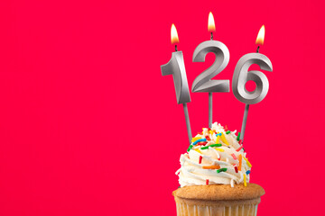 Horizontal birthday card with cupcake - Burning candle number 126