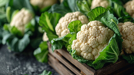 Group of cauliflowers with green leaves
