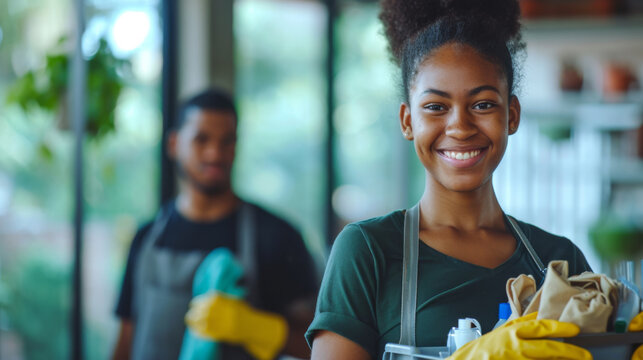 young woman with a bright smile, wearing a green shirt and yellow gloves, holding a cleaning caddy with supplies