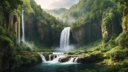 Poster waterfall in the mountains waterfall in kanchanaburi country waterfall in the forest waterfall in Plitvice national park waterfall in Yosemite © Awais