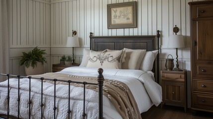 a farmhouse-themed guest room with a wrought-iron bed frame