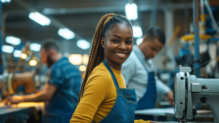 young woman smiling at the camera, wearing a yellow shirt and blue apron, in a manufacturing setting - obrazy, fototapety, plakaty