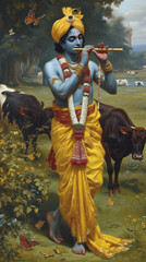 Lord Krishna visits cows in the field, Playing the flute, Hindu God