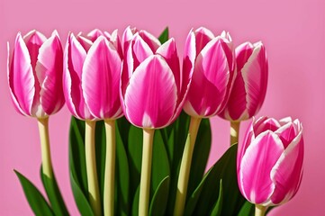 Fototapeta premium Pink tulips in the garden. Spring flowers. Tulips background.