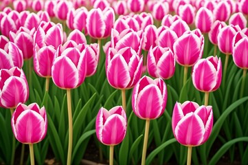 Fototapeta premium Pink tulips in the garden. Spring flowers. Tulips background.