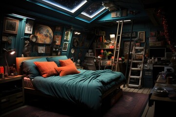 Obraz premium Children's geek room with games, posters and collections., generative IA