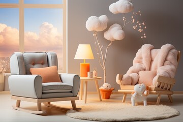 Neutral bedroom with cozy cradle and cloud decoration., generative IA