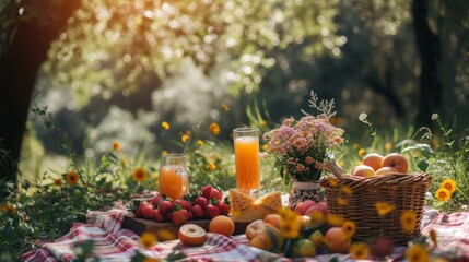 A refreshing summer picnic in a shady grove, with a spread of seasonal fruits, cold drinks